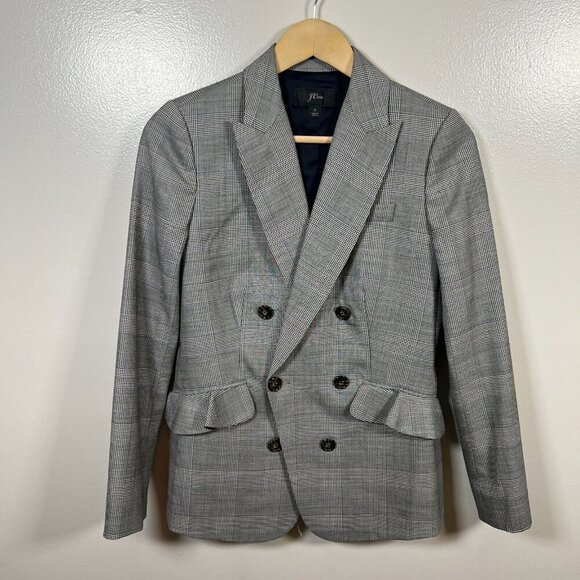 J.Crew Glen Plaid Wool Ruffle Double Breasted Blazer Jacket Size 2 Black Career - Picture 1 of 12